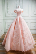 Pink sweetheart tulle lace long prom gown, pink lace formal dress