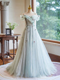 A-Line Off Shoulder Tulle Lace Green Long Prom Dress, Green Long Formal Dress