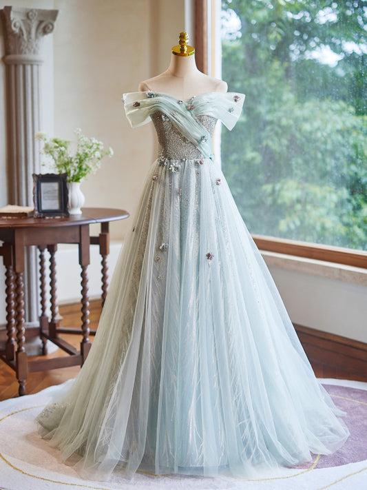 A-Line Off Shoulder Tulle Lace Green Long Prom Dress, Green Long Formal Dress