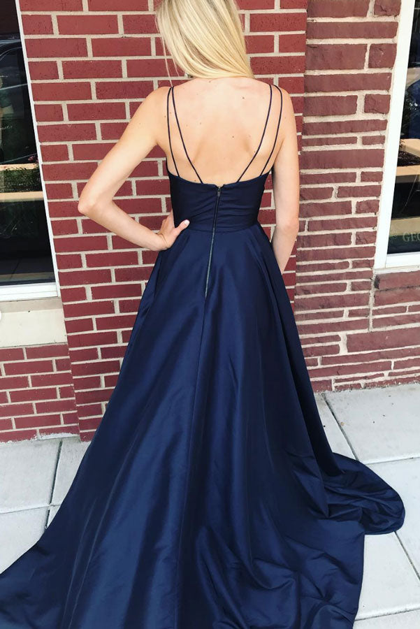 Dark blue v neck satin long prom dress, blue evening dress