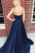 Dark blue v neck satin long prom dress, blue evening dress