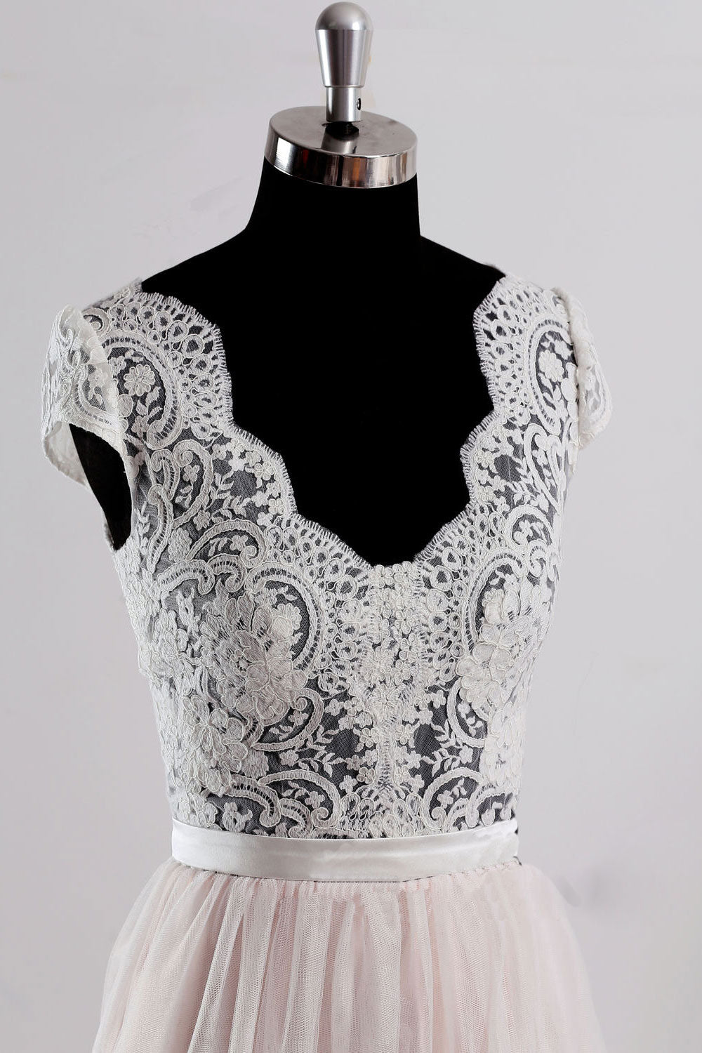 Pink v neck lace tulle long prom dress, pink wedding dress