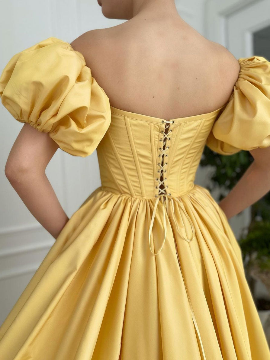 Simple yellow satin long prom dress, yellow evening dress