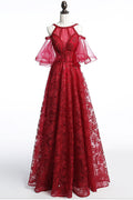 Burgundy tulle lace beads long prom dress, burgundy evening dress