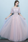 Pink tulle lace long prom dress tulle applique formal dress