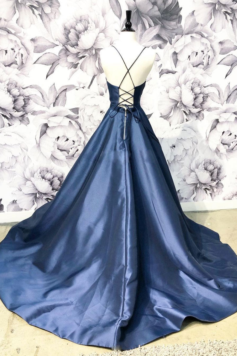 Simple v neck dark blue long prom dress, blue evening dress