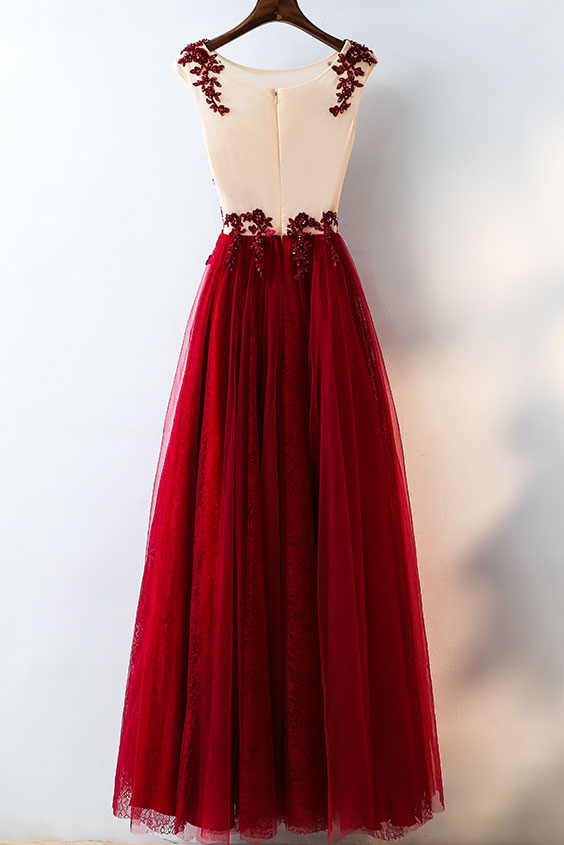 Burgundy tulle lace applique long prom dress, evening dress