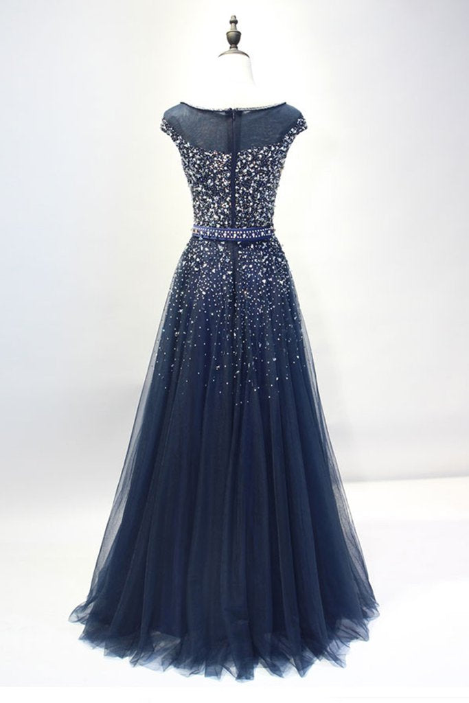 Dark blue round neck sequin tulle long prom dress, tulle evening dress