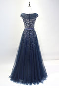 Dark blue round neck sequin tulle long prom dress, tulle evening dress