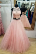 Pink tulle two pieces lace long prom dress, pink tulle evening dress