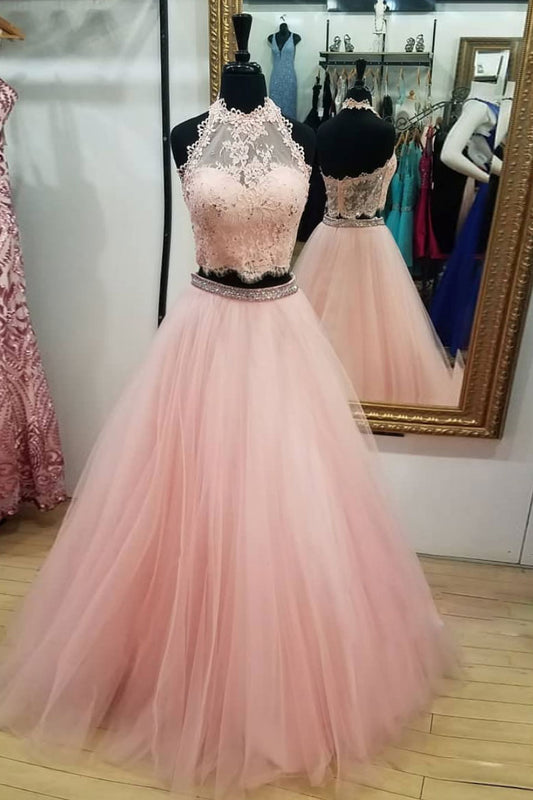Pink tulle two pieces lace long prom dress, pink tulle evening dress