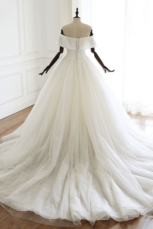 White tulle long wedding gown, white tulle bridal dress