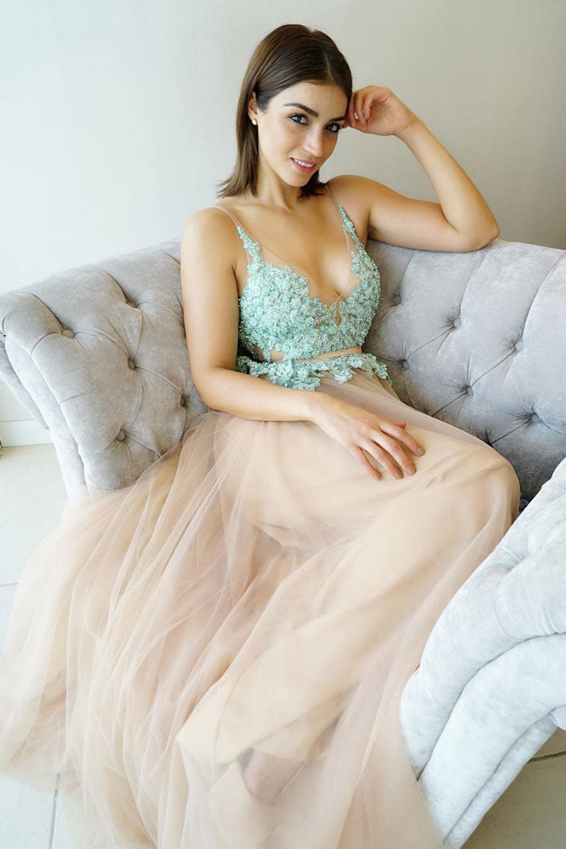 Unique v neck tulle lace long prom dress, champagne evening dress