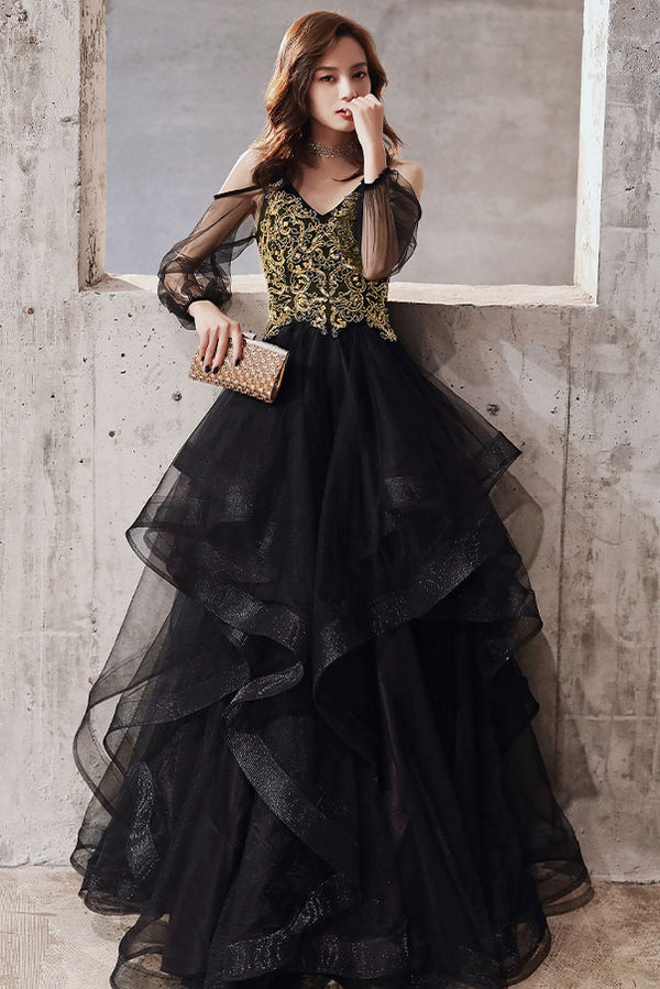 Black sweetheart tulle lace long prom dress black evening dress