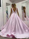 Pink v neck satin lace long prom dress, pink lace evening dress