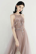 Champagne tulle sequin beads long prom dress tulle evening dress
