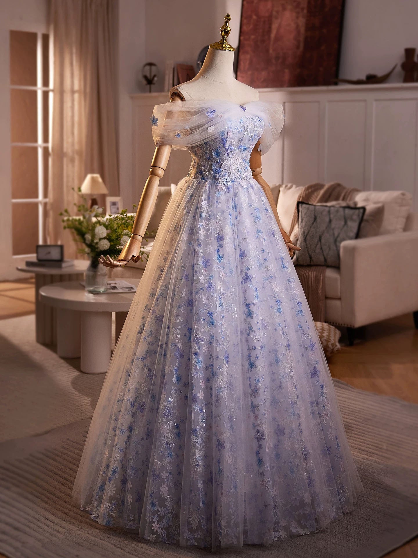 A-Line Off Shoulder Tulle Lace Purple Long Prom Dress, Purple Evening Dress