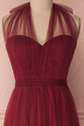 Burgundy tulle sweetheart long prom dress, burgundy evening dress