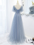 Blue v neck tulle beads long prom dress, blue tulle formal dress