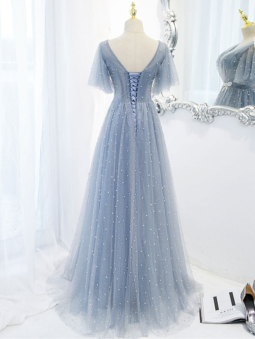 Blue v neck tulle beads long prom dress, blue tulle formal dress
