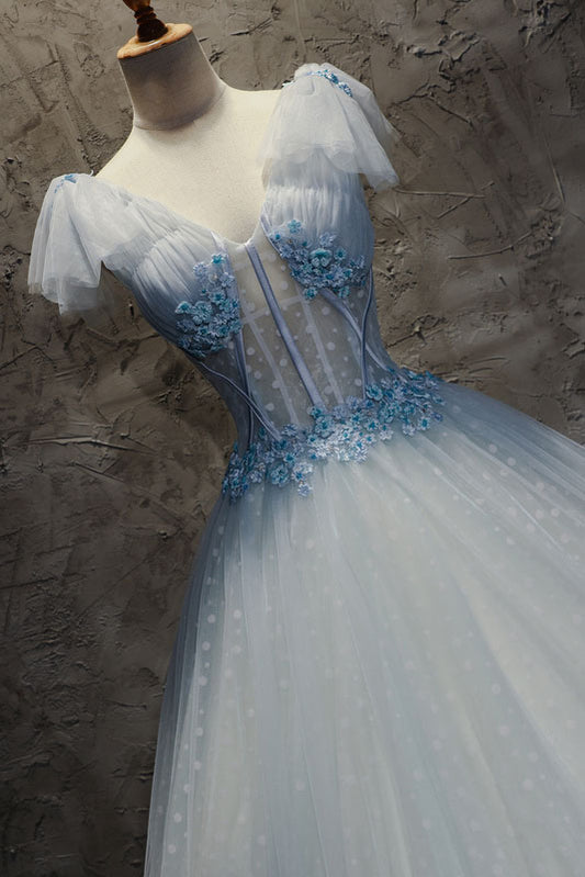 Light blue tulle long prom dress, blue tulle evening dress