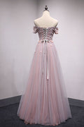 Pink tulle lace long prom dress, pink tulle evening dress