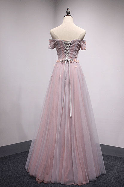 Pink tulle lace long prom dress, pink tulle evening dress