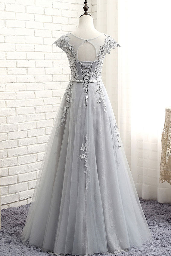 Gray round neck lace applique long prom dress, gray evening dress