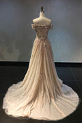 Champagne lace applique tulle long prom dress, champagne evening dress