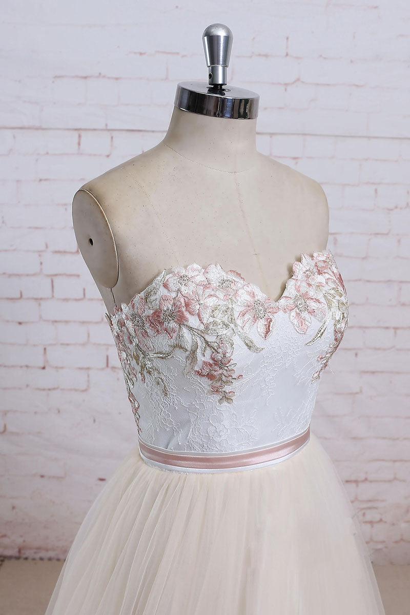 Light champagne lace tulle long prom dress, champagne lace wedding dress