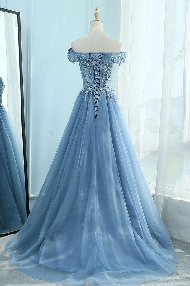 Blue off shoulder tulle lace long prom dress, blue evening dress