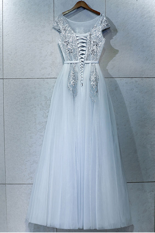 Gray round neck lace tulle long prom dress, gray evening dress