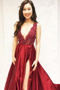 Burgundy v neck lace satin long prom dress, burgundy evening dress