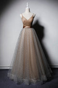 Champagne v neck tulle long prom dress, champagne tulle evening dress