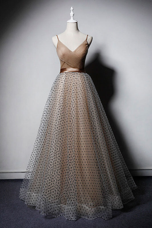 Champagne v neck tulle long prom dress, champagne tulle evening dress