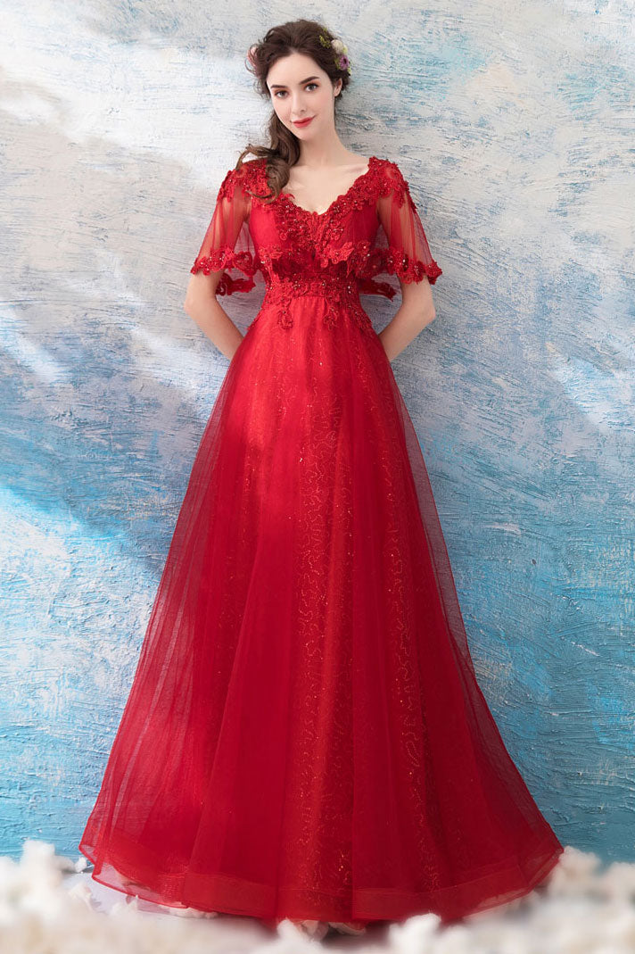 Burgundy v neck tulle lace long prom dress, burgundy tulle formal dress