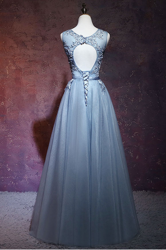 Gray blue tulle lace long prom dress, blue tulle evening dress