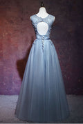 Gray blue tulle lace long prom dress, blue tulle evening dress