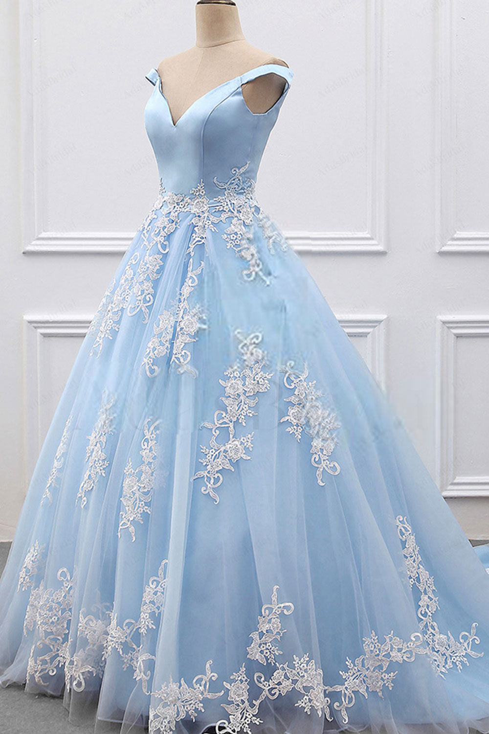 Blue v neck lace tulle long prom dress, blue evening dress