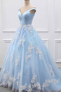 Blue v neck lace tulle long prom dress, blue evening dress