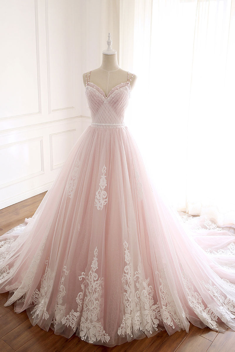 Pink sweetheart neck tulle long prom dress, lace tulle evening dress
