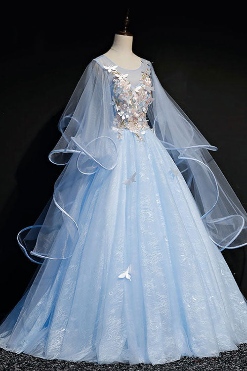 Blue tulle lace long prom dress, blue tulle lace evening dress