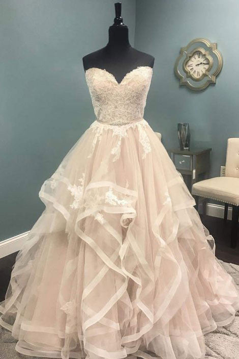 Champagne tulle lace long prom dress, champagne wedding dress