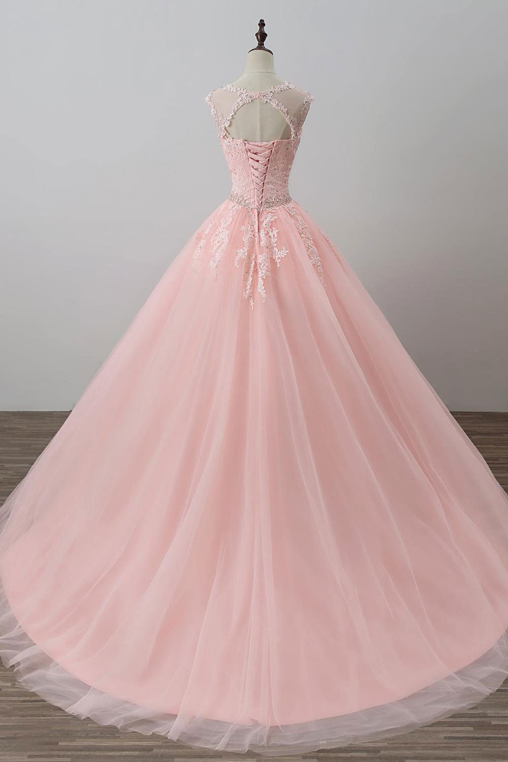Pink round neck tulle lace long prom dress, pink tulle evening dress