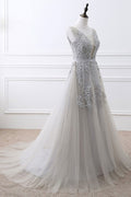 Gray v neck lace tulle long prom dress, gray tulle bridesmaid dress