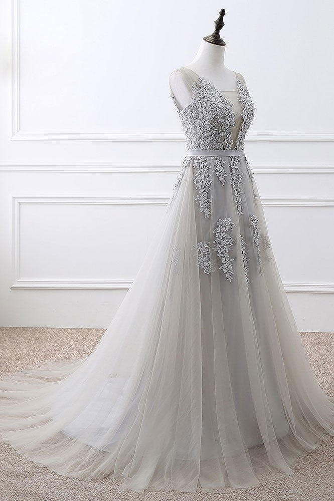 Gray v neck lace tulle long prom dress, gray tulle bridesmaid dress