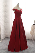 Simple burgundy off shoulder long prom dress, burgundy bridesmaid dress
