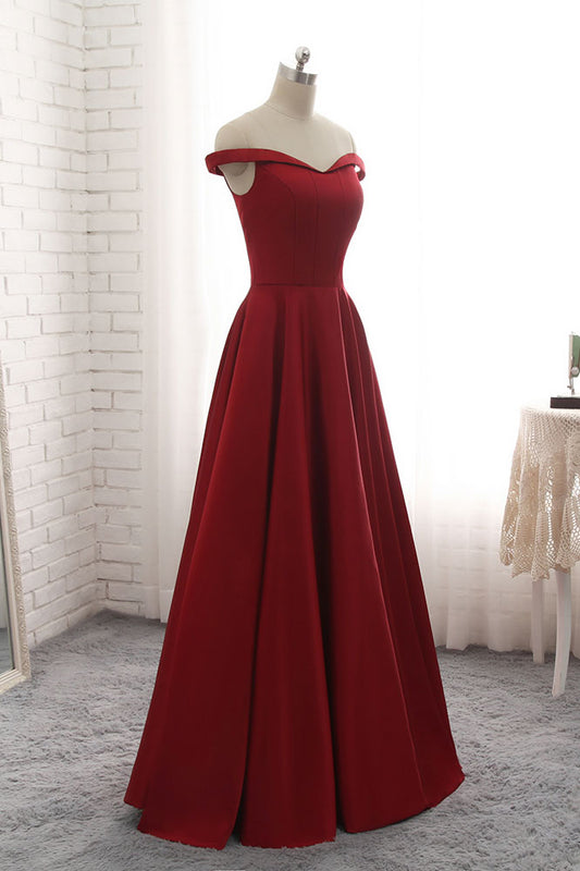 Simple burgundy off shoulder long prom dress, burgundy bridesmaid dress