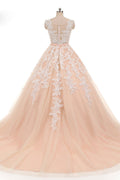 Pink round neck tulle lace long prom dress, pink lace evening dress