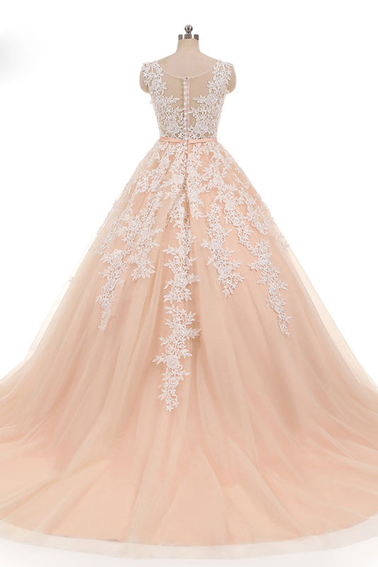 Pink round neck tulle lace long prom dress, pink lace evening dress